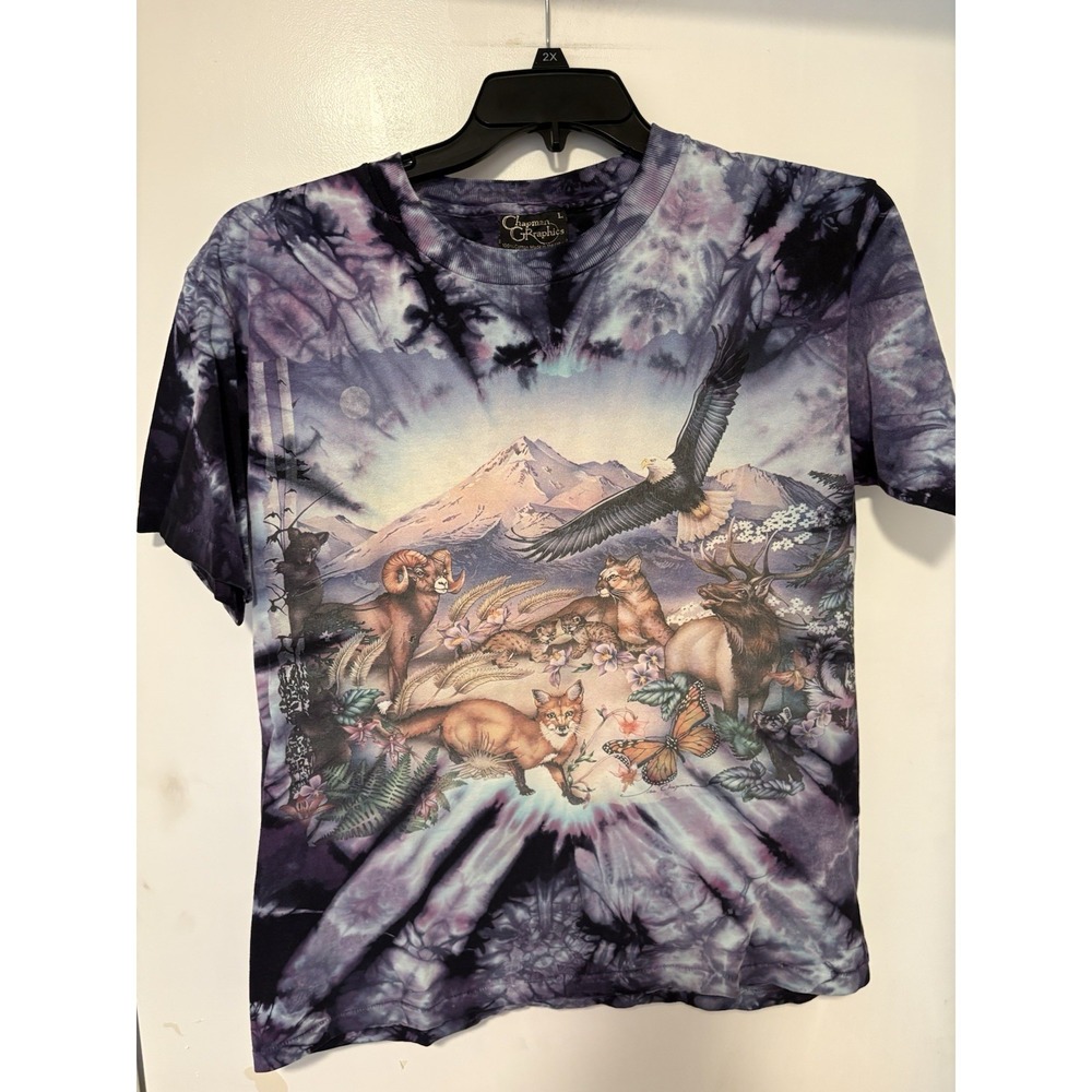 90s Vintage Lisa Chapman Graphic Mountain Animal Nature Tie Dye Shirt Sz L